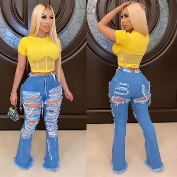

2020 Newest Hot Women High Waist Stretch Denim Jeans Pants Washed Holes Ripped Demin Jeggings Ladies Slim Fit Skinny Flare Jeans