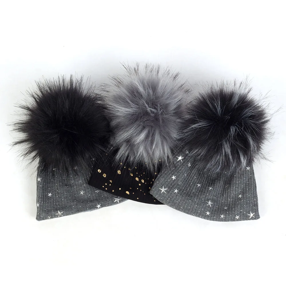 

Newborn Gold Splatter Paint Ribbed Beanies With Faux Fur Pom Pom Baby Girls Cut Star Print Striped Hats Unisex Cotton Hat Caps
