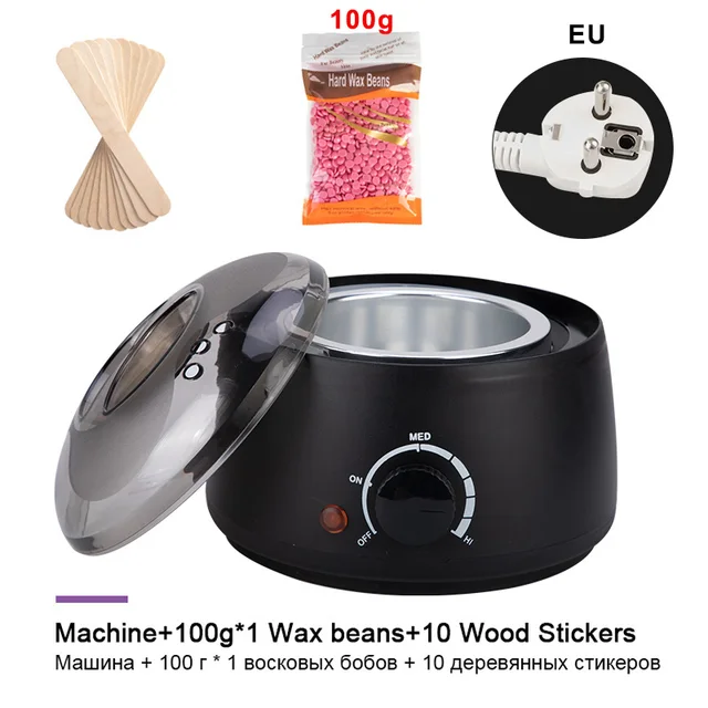 Hair Removal Wax-melt Machine Heater 200ml Wax Beans 10 Wood Stickers Hair Removal Machine Waxing Kit Calentador de cera Set 1 Black EU plug