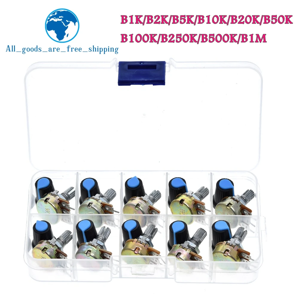 Kit b1k 2k 5k 10k 20k 50k 100k 500k 1m 15mm linear atarraxamento conjunto 3pin do resistor giratório do potenciômetro de wh148 com tampão