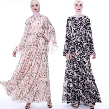 

Muslim Hijab Dress Women Boho Floral Flare Sleeve Abaya Dresses Dubai Islamic Kimono Moroccan Kaftan Jubah Jilbab Long Elbise