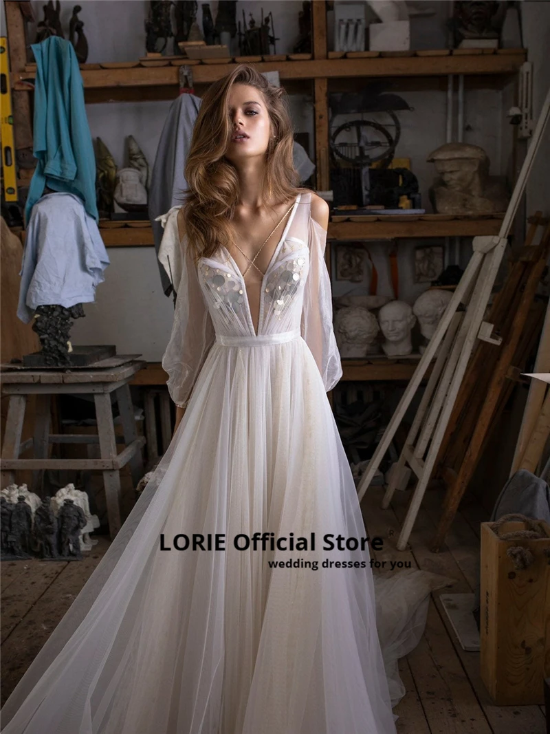 LORIE Sexy V образным вырезом с длинным пышным рукавом пляжные свадебные платья 2020