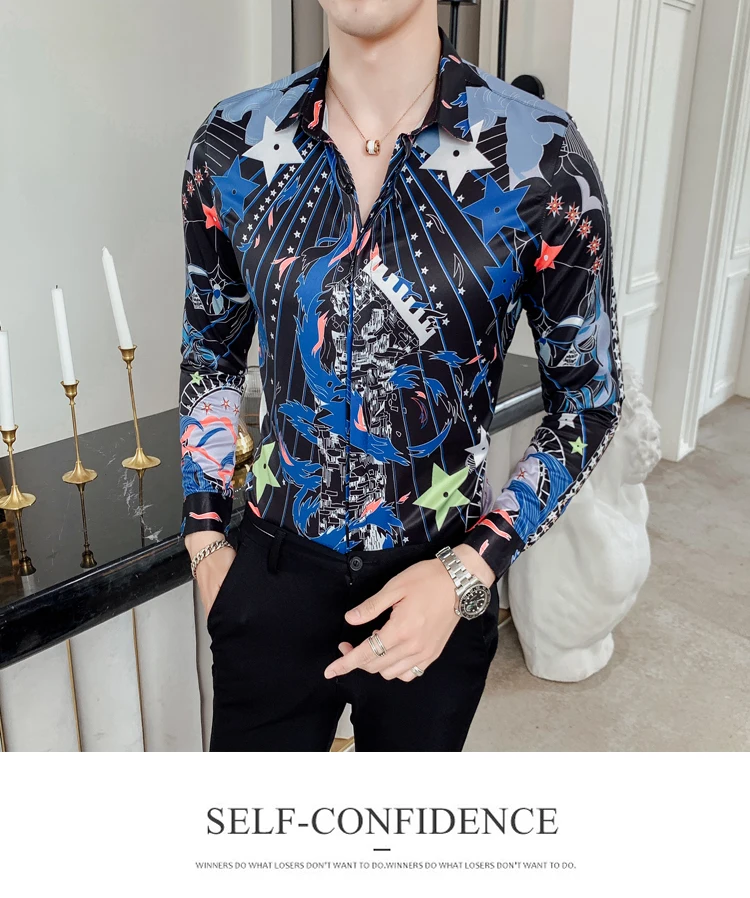 Повседневная Облегающая рубашка Camisa Masculina мужская уличная сорочка футболка с длинными рукавами Мужская рубашка с цветочным принтом гаитские звезды печать