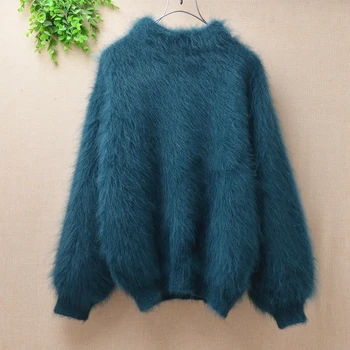 

Female women sweaters plush mink cashmere Round neck clothes angora rabbit fur loose knitted short sweater pullover