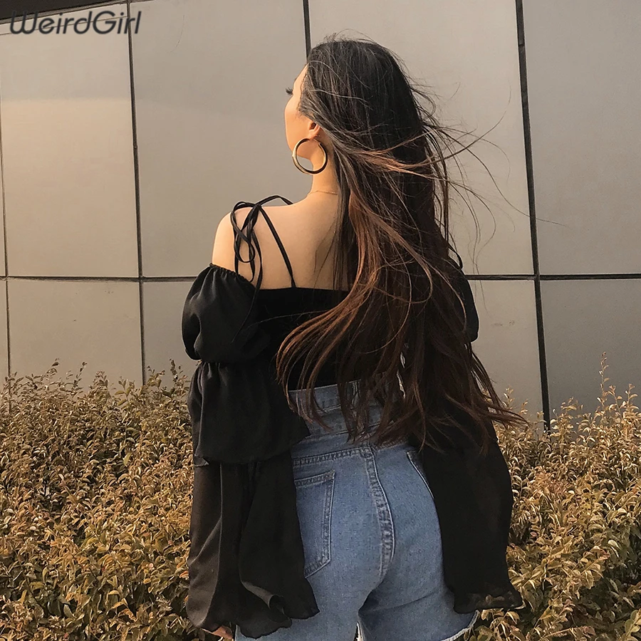 Weirdgirl женские футболки, сексуальные кружевные прозрачные плиссированные ремни, свободные рукава-фонарики, женские кроп топы, осень, крутая мода, Новинка