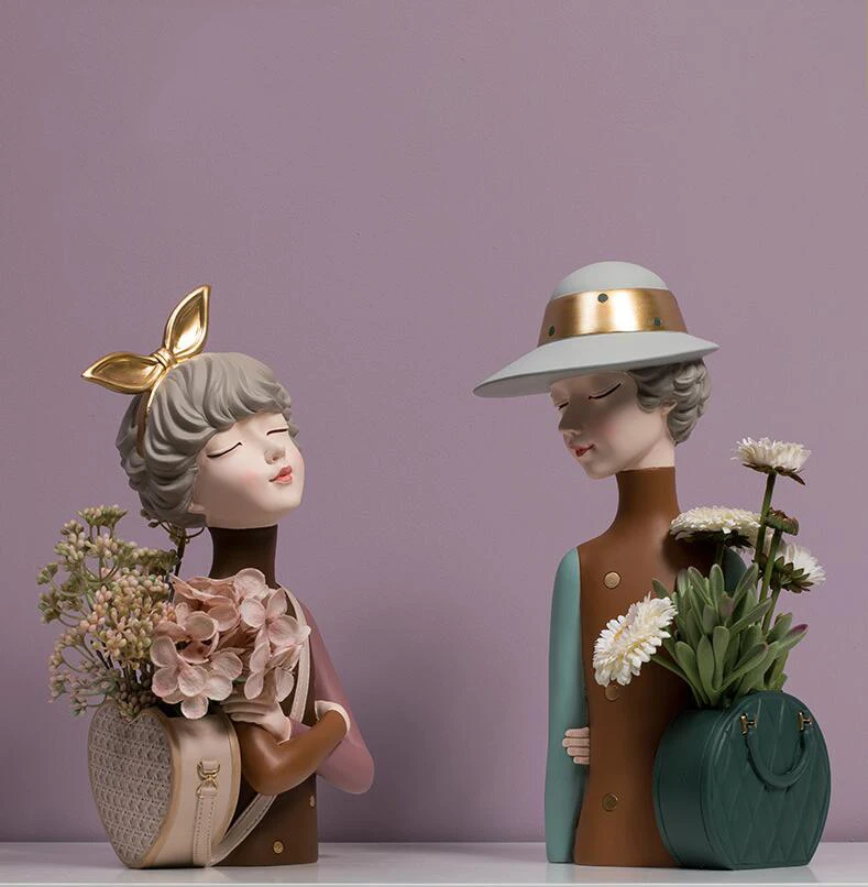 

Modern Cute Packbag Girls Resin Vase Figurines Home Livingroom Table Sculpture Crafts Desktop Storage Box Ornaments Decoration