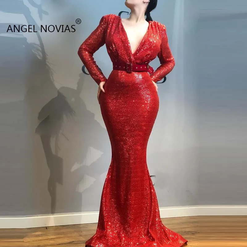 Красные вечерние платья с длинными рукавами и v-образным вырезом Vestido De Noche