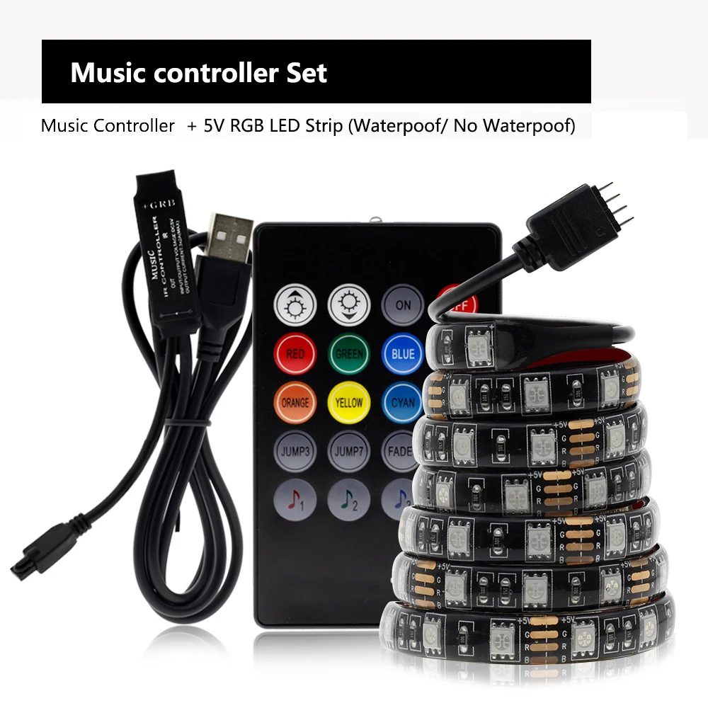 Music Set USB RGB Светодиодная лента 5050 DC5V водонепроницаемый гибкий светодиодный светильник лента 0,5 м 1 м 2 м сменный цвет для ТВ фоновый светильник ing - Emitting Color: Music Set
