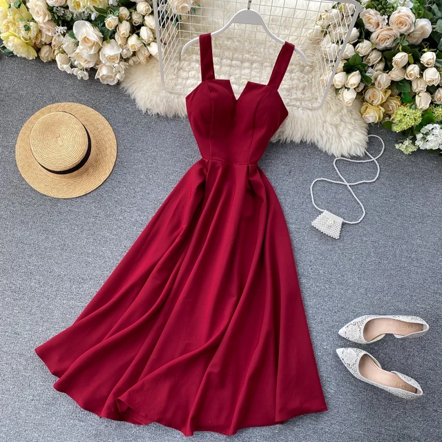 FMFSSOM 2022 Summer V-neck Sexy Open Back Red Dress Women Knee-length Bohemian Style  Solid Spaghetti Strap Party Clothing 1