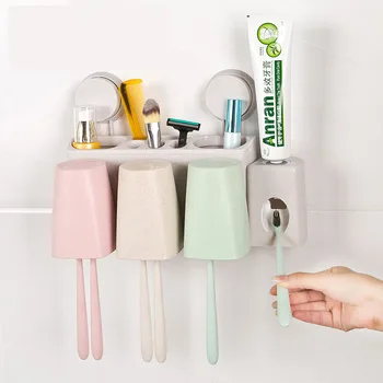 

Bathroom Accessories Set Toothbrush Holder with Toothpaste Dispenser Stand Toothbrush Wall Mount Rack Bathroom Storage Tools