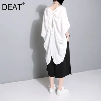 

DEAT 2020 Round Neck Batwing Sleeves Drawstring Front Short Back Longer Butterfly Loose T-shirt Batwing Style Top WL07900