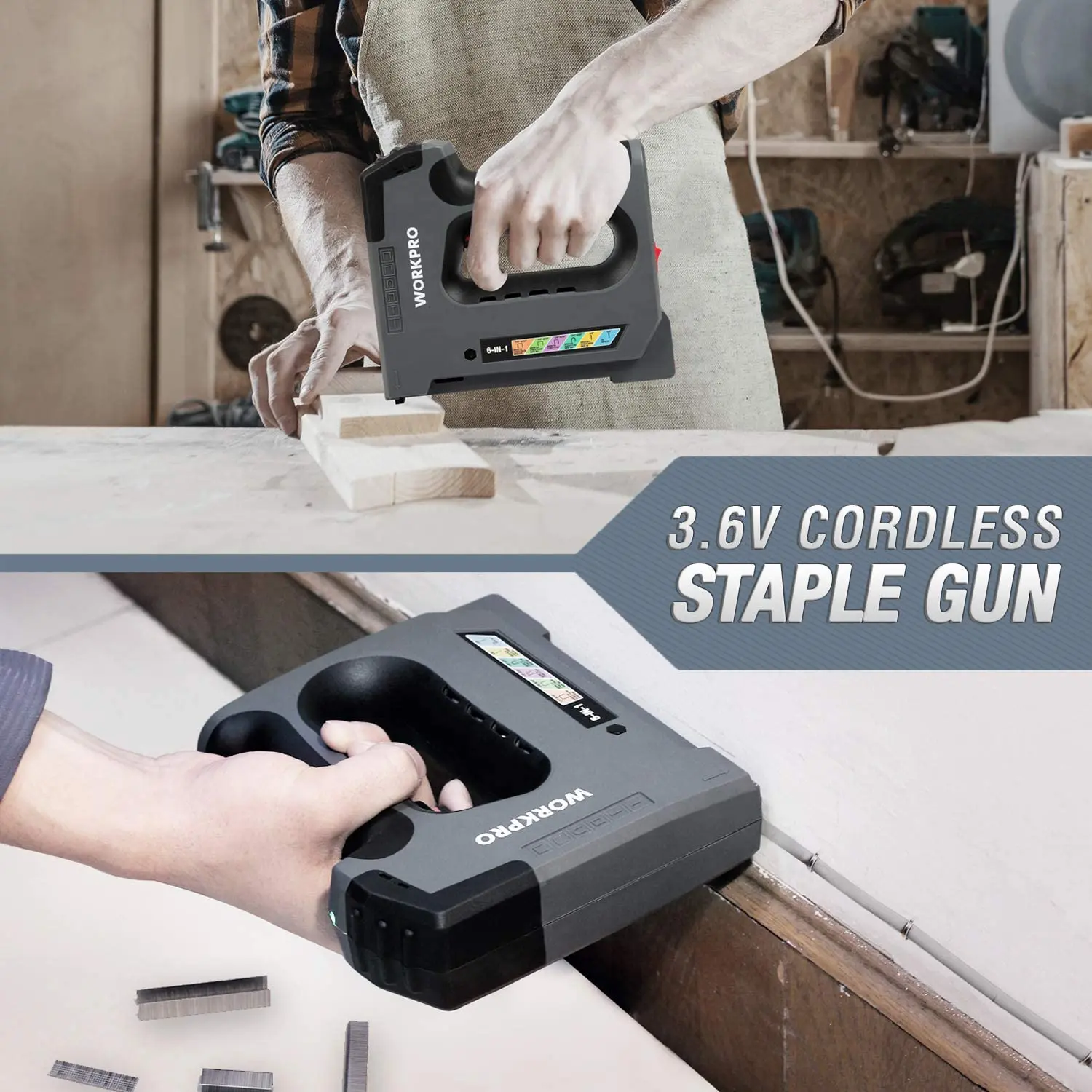 WORKPRO 5 In1 3.6V Heavy Duty Staple Gun Rechargeable Cordless Tacker For House Decor Renovations Upholstery, Decoration 5