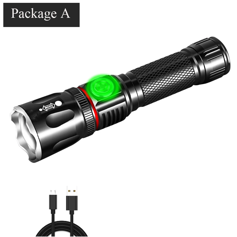 Package A T6/L2 супер яркий светодиодный светильник-вспышка с подзарядкой USB linterna, светодиодный фонарь с подсказками, масштабируемый велосипедный светильник 18650 для кемпинга - Испускаемый цвет: Package A