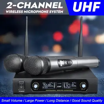 

UHF Wireless Microphone System 2 Channel 2 Cordless Handheld Mic Karaoke Speech Party Cardioid Microphone Frequency Adjustable