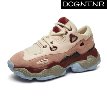 

Cow Leather Ladies Pink Sneakers 2020 Fashion Spring Thick Bottom Daddy Shoes Tide Ladies Sneakers Increase Wild Women's Shoes