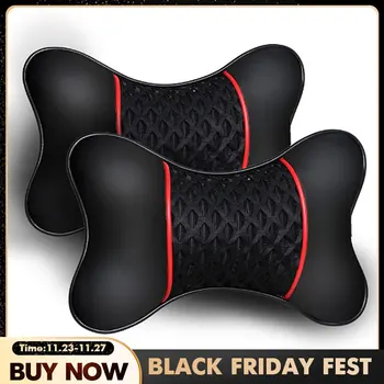 

2Pcs PU Leather Knitted Car Pillows Headrest Neck Rest Cushion Support Seat Accessories Auto Black Safety Pillow Universal Decor