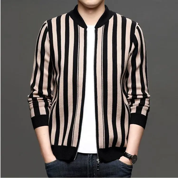 

Vertical stripe knitted cardigan men's autumn and winter New slim trend wear sweater baseball collar zipper jacket men
