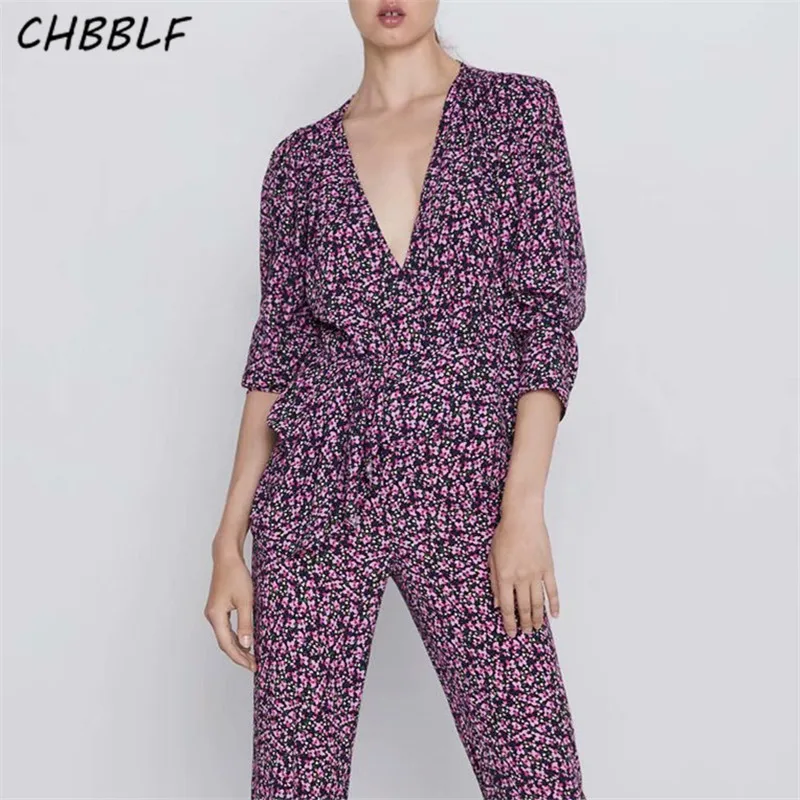 CHBBLF Женская винтажная блузка с цветочным принтом v-образный вырез асимметричный
