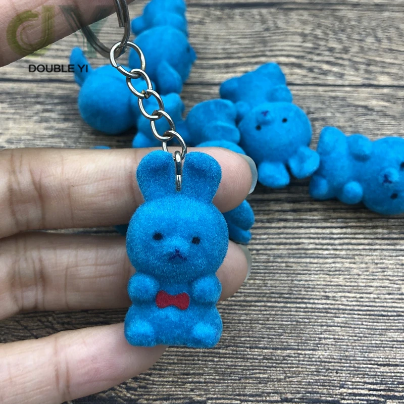 A set of 2 MINI Flocking doll Cute little rabbit doll key chain Little rabbit Car decoration furnishing articles Lake blue