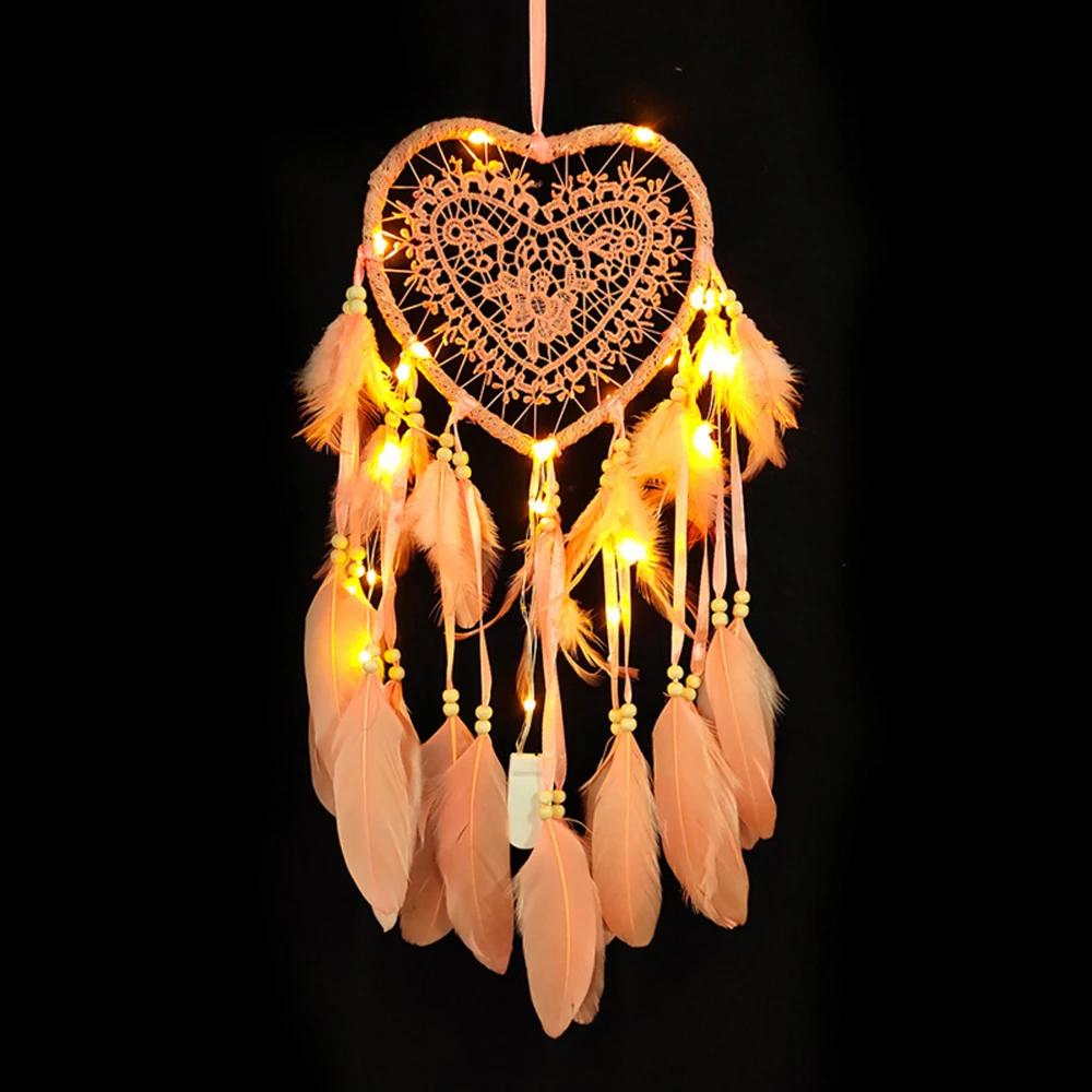 Handmade Knitted Girl Heart LED Light Wall Hanging Feathers Night Lamp Decoration National Feather Ornaments Ribbon | Дом и сад