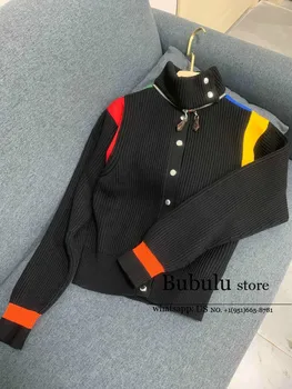 

luxury designer fall 2020 women high end New Fashion Color Matching Turtleneck Pure Wool Long Sleeve black Sweaters Cardigan S-L