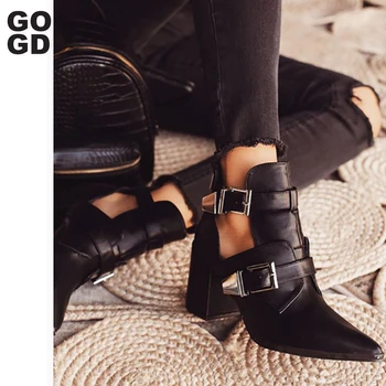 

[GOGD]Metal buckle motorcycle boots women Fashion brand design ankle boots Round toe hollow Knight boots Spring/autumn women