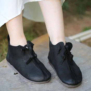 

VALLU Women's boots 2020 autumn and winter new frosted flat toe shoes leather comfortable boots