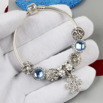 

Fashion Original 925 silver Blue Crystal Snowflake Pendant crystal Bracelet jewelry beads charm DIY Valentine's Day Holiday Gift