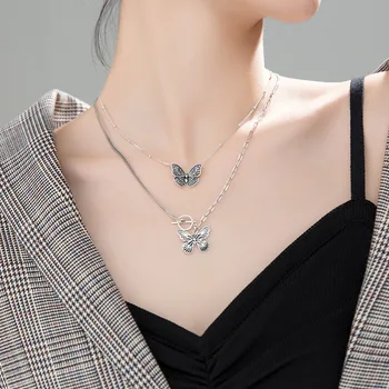 

s925 silver fashion Thai silver butterfly necklace female retro style old personality net red clavicle chain