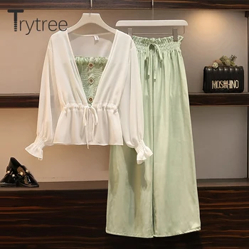 

Trytree Spring Summer Women Three piece sets Casual Loose Blouse and Sling Tops + Pants Elastic Waist Wide Leg Pants 3 Piece Set