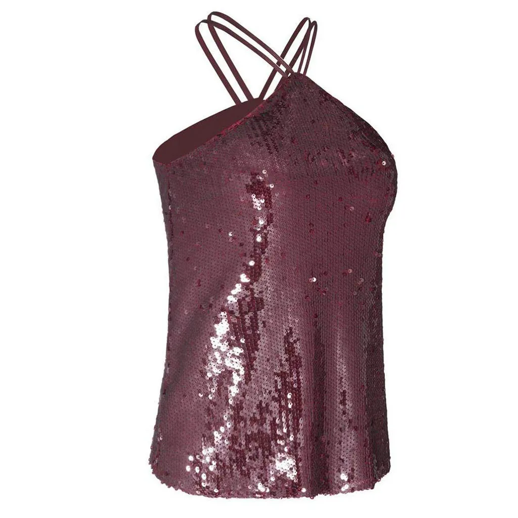 Женская Сексуальная Блузка без рукавов, расшитая блестками, с бретельками, v-образный вырез, Топики, майка, Укороченная рубашка, Женская майка, топ, сексуальный женский топ с открытыми плечами, Новинка