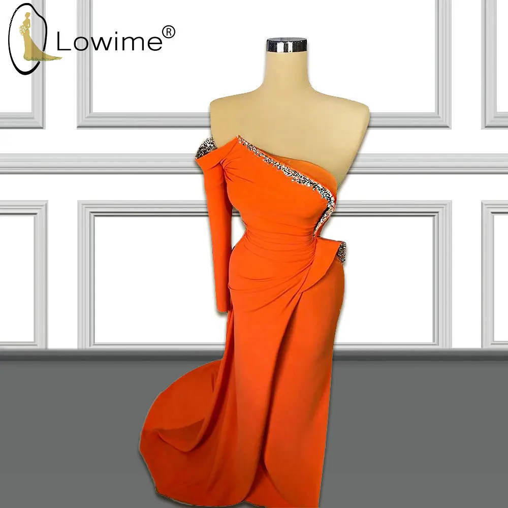 

Orange One Long Sleeve Mermaid Evening Dresess 2020 Beaded Muslim Satin Formal Dresses вечерние платья Robe De Soiree