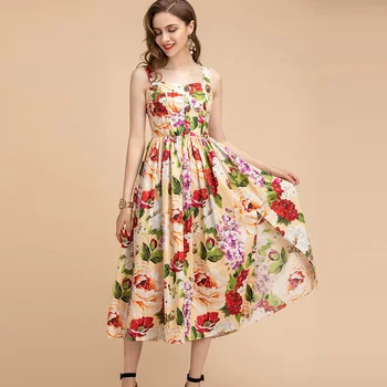 

Runway 100% Cotton Dress Women Spaghetti Strap Floral Print Ladies Holiday A-Line Midi Dress Summer Fashion Skirt
