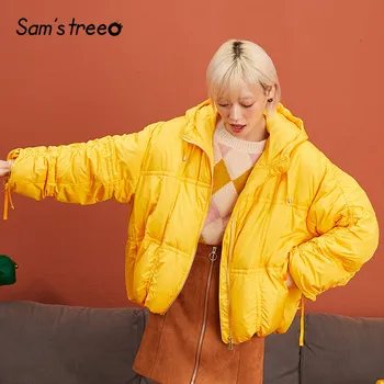 

SAM'S TREE Solid Drawstring Straight Warmness Hoodies Down Coat Women 2019 Winter Pure Ruched Sleeve Casual Female Outwears
