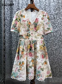 

Newest Fashion Summer Dress 2020 High Quality Women V-Neck Allover Colorful Embroidery Round Deco Short Sleeve Silk Cotton Dress