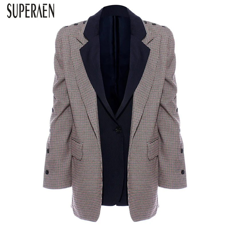 

SuperAen New Europe Suit Jackets Women Autumn 2019 Fashion Casual Ladies Jackets Lapel Plaid Fake Two Pieces Women Clothing