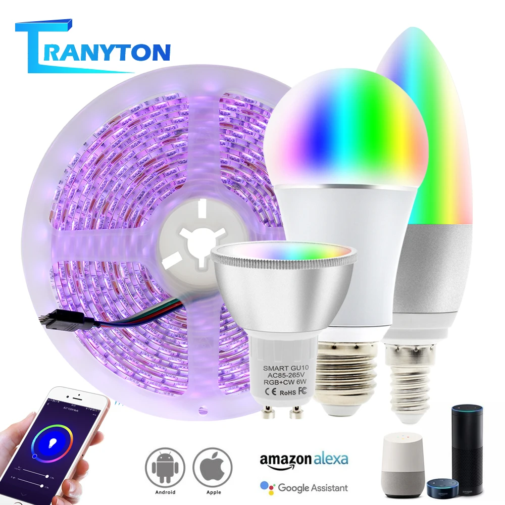 Беспроводной wifi-патрон, умный свет лампы RGB E27 E14 GU10 приложение управления лампочки с регулируемой яркостью wifi RGB светодиодные полосы набор работает с Amazon Alexa Google
