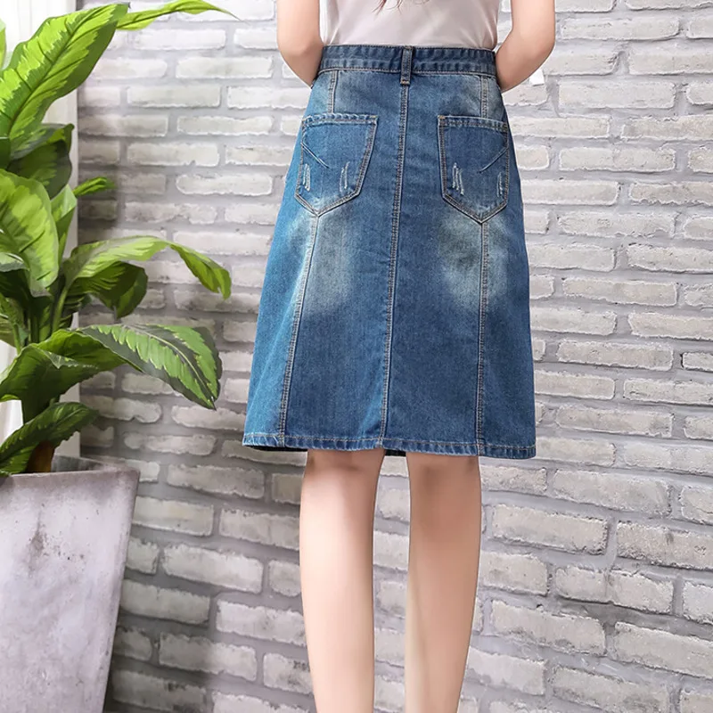 0255 летние джинсовые юбки для женщин с высокой талией размера плюс карманы на пуговицах высокая Талия Джинсовая юбка Повседневная трапециевидная Юбка До Колена
