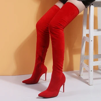 

Women's shoes woman plus large big size 35-43 over the knee boots thin high heel sexy party boots elastic botas de mujer 2019