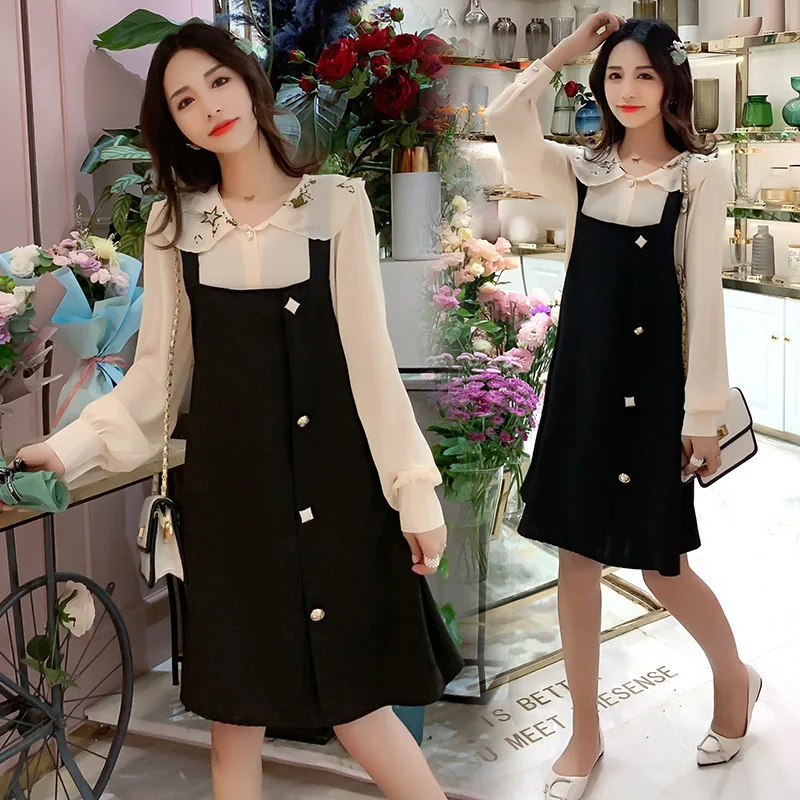 

Pregnant Women Autumn Fashion Set Loose-Fit Peter Pan Collar Long Sleeve Base Sweater Mid-length Suspender Strap Dress Two-Piece