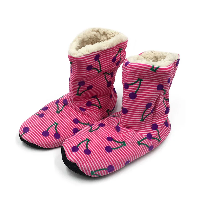 pink Зимние женские тапочки; плюшевые теплые хлопковые домашние тапочки; рождественские домашние носки; женская обувь с вишнями - Цвет: pink