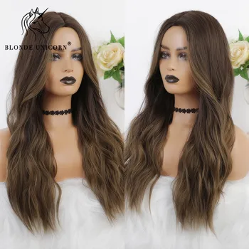 

Blonde Unicorn Long Synthetic Natural Water Wave Dark Brown Wig for Black/White Women Cosplay Daily Wear Fake Hair Wigs