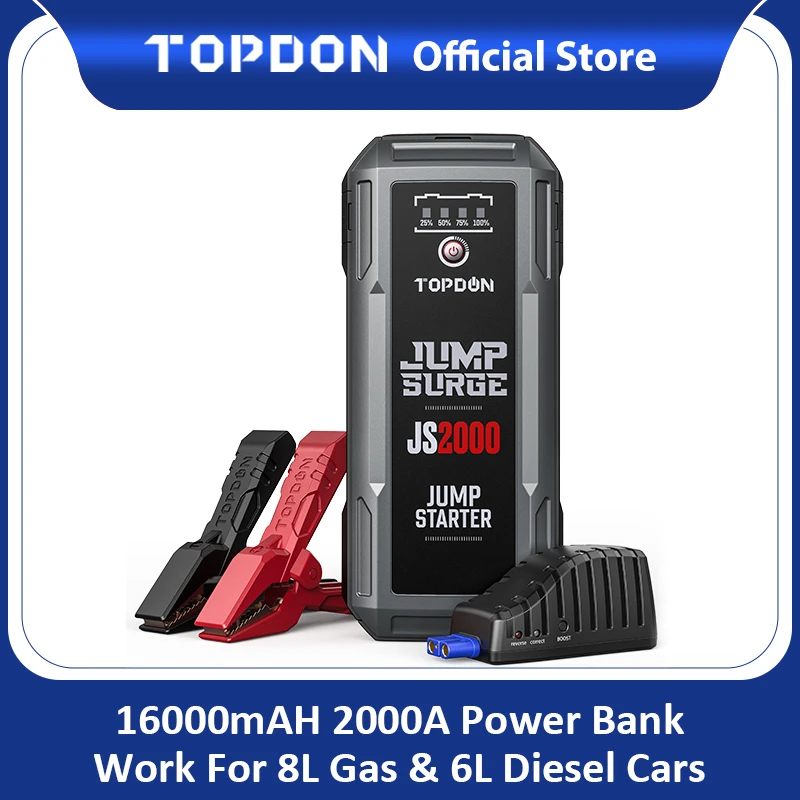 TOPDON 2000A Jump Starter 12V Car Jump Start 16000Mah Power Bank&Batterij Tester Launcher Auto Fast Starting Device JS2000TOPDON 20800mAh Car Jump Starter V2000 12V 2000A Peak Portable Emergency Starter Wireless Charge Power Bank Car Booster Starter Device Accumulator Battery portable jump starter