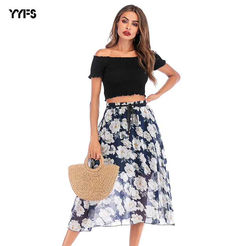 

2019 Bohemian High Waist Floral Print Summer Skirts Womens Casual Boho Asymmetrical Chiffon Skirt Maxi Long Skirts for Women