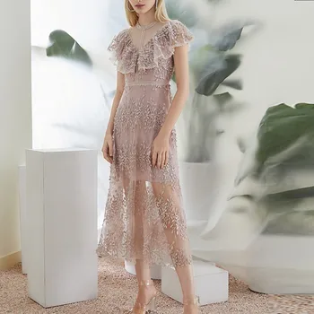 

New arrival Runway Office Vintage elegant Women ladies Dresses Lace Patchwork Hollow out Beaded embroidery Slim dress Vestidos