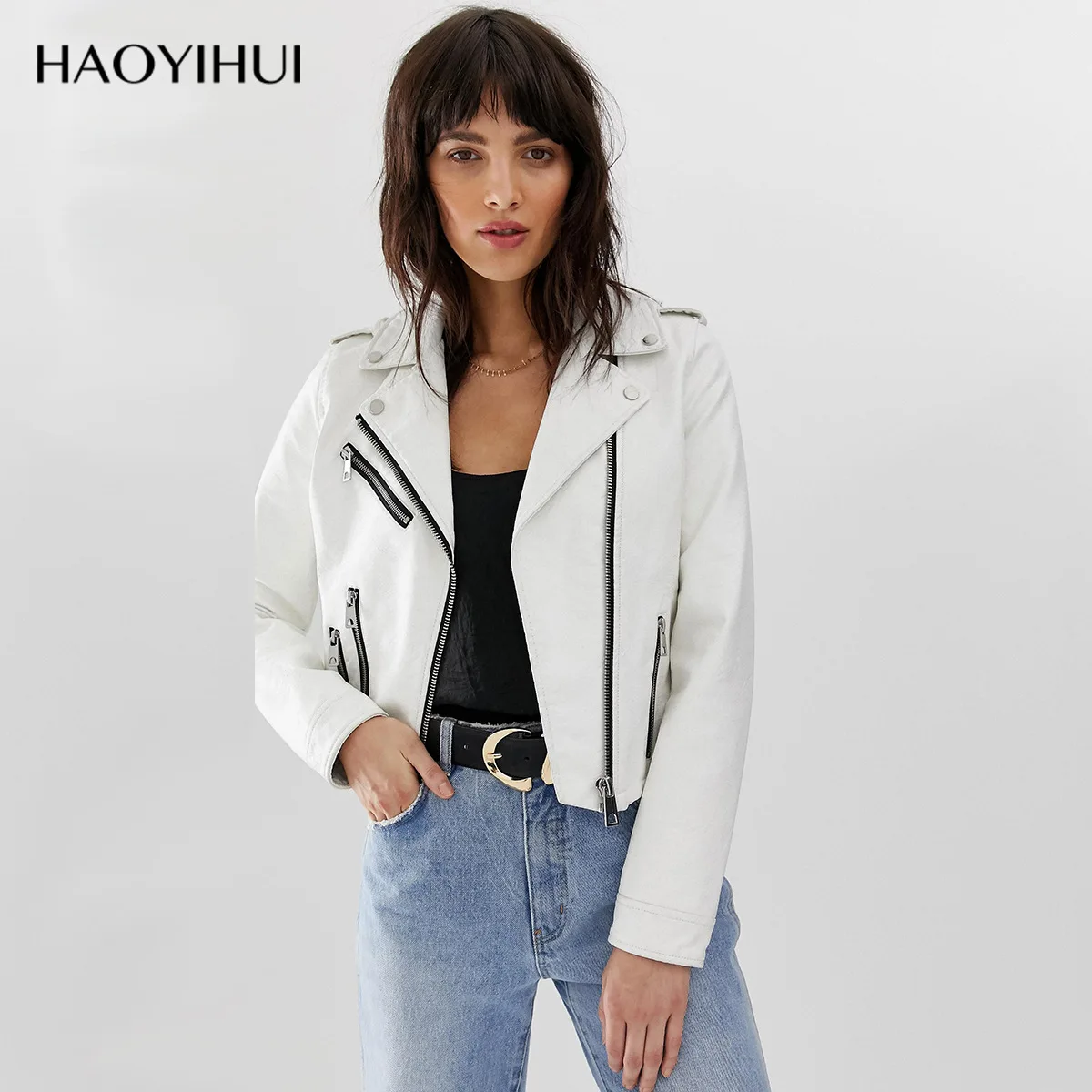 

Good yi hui Europe And America-Style Fashion Spring And Autumn Handsome British Style Fold-down Collar Short Slimming Zipper Jac