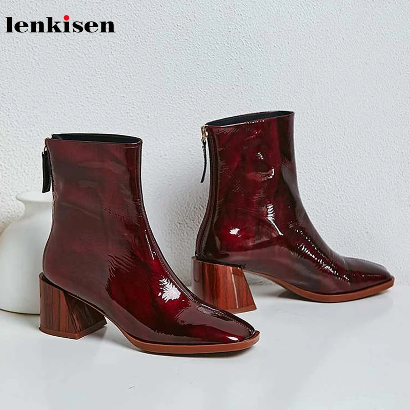 

Lenkisen high quality genuine leather boots high heels square toe Zipper fashion simple winter keep warm women ankle boots L6f2