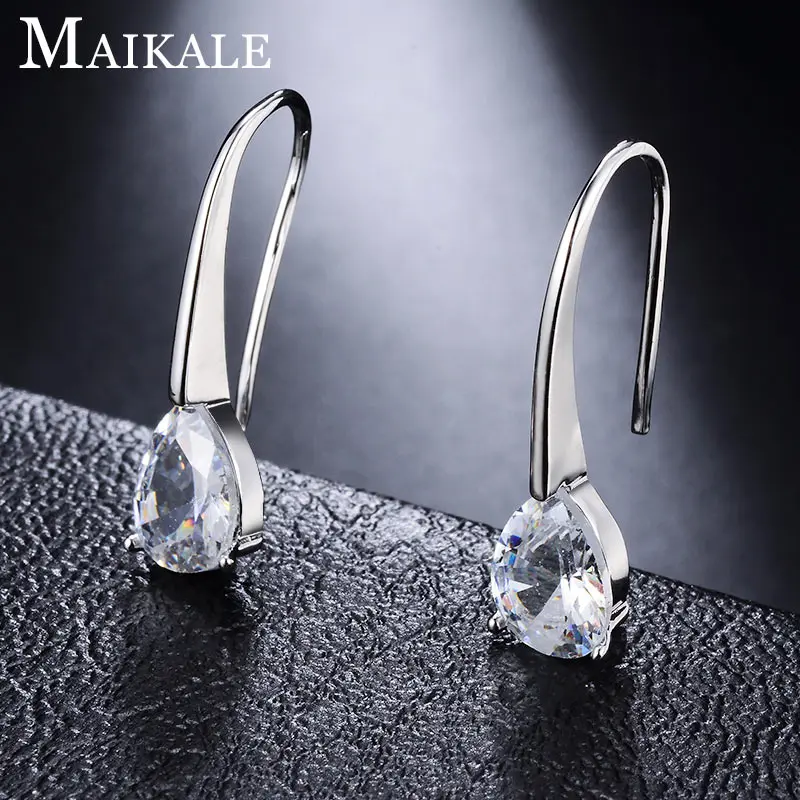 MAIKALE, новинка, модные серьги-гвоздики, белые, черные, кубический цирконий, золотые длинные серьги, крючки для женщин, ювелирное изделие, подарок, Brincos Bijoux - Окраска металла: WHITE SILVER