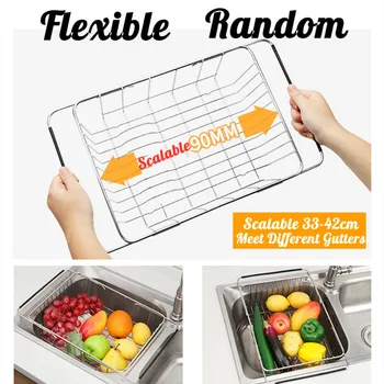 

Retractable Stainless Steel Large Capacity Dish Rack Vegetable Drainer Fruit Drying Basket Home Kitchen Sink Storage Basket