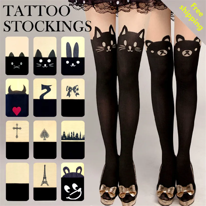 LJCUIYAO Plus Size Pantyhose Women Tights Pantyhose Stockings Pattern Printed Cat Tights Tattoo Female Jacquard Elastic Hosiery